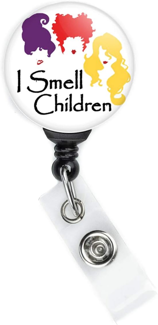 I Smell Children badge reel with retractable cord and swing clip