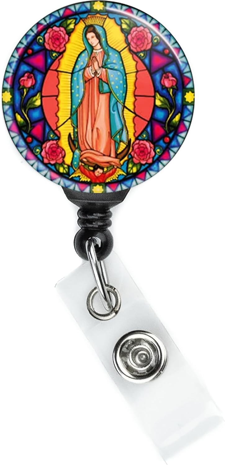Virgen de Guadalupe badge reel with retractable cord and clip