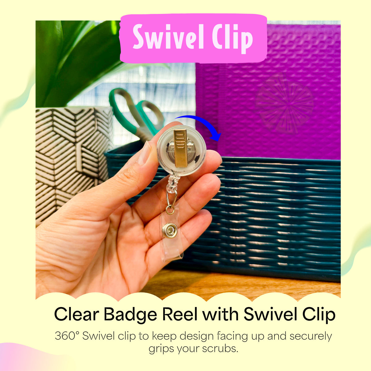 Back of a clear retractable badge reel showing the 360 degree swivel alligator clip