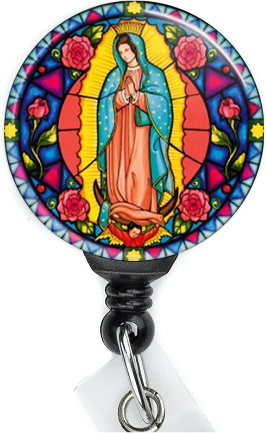 Virgen de Guadalupe stained-glass design handmade button-top badge reel