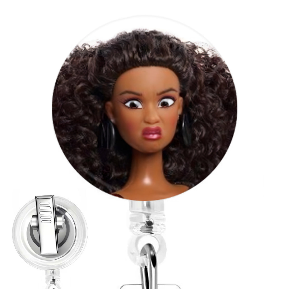 African American Cringe Doll handmade button-top badge reel on a clear retractable reel