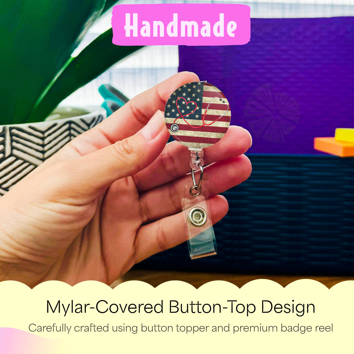 Hand holding the American Flag with Stethoscope handmade badge reel