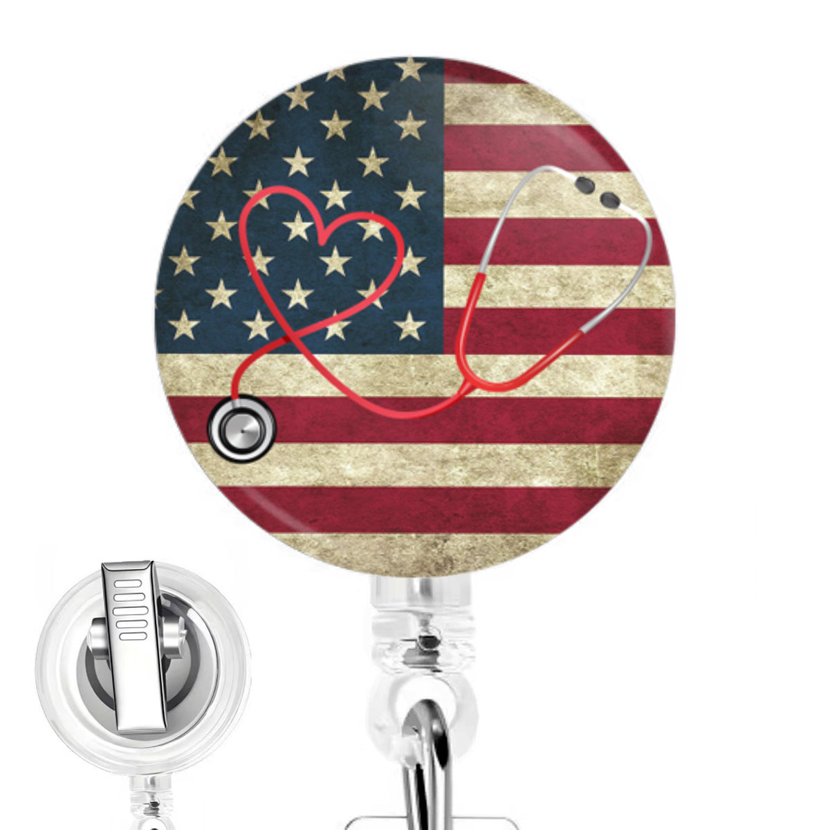 American Flag with Stethoscope handmade button-top badge reel on a clear retractable reel