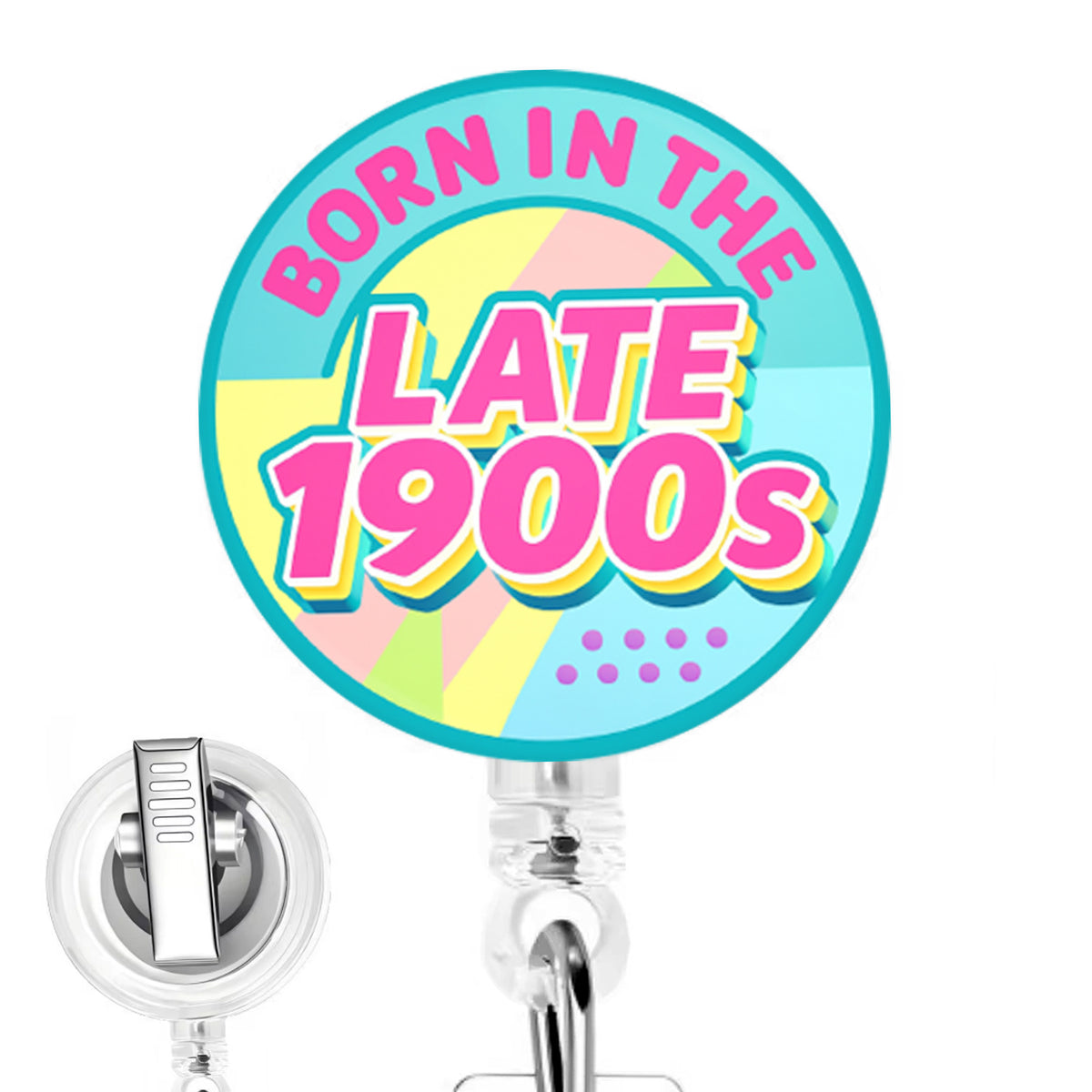 Born in the Late 1900s handmade button-top badge reel on a clear retractable reel