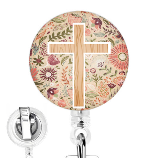 Christian Cross handmade button-top badge reel on a clear retractable reel
