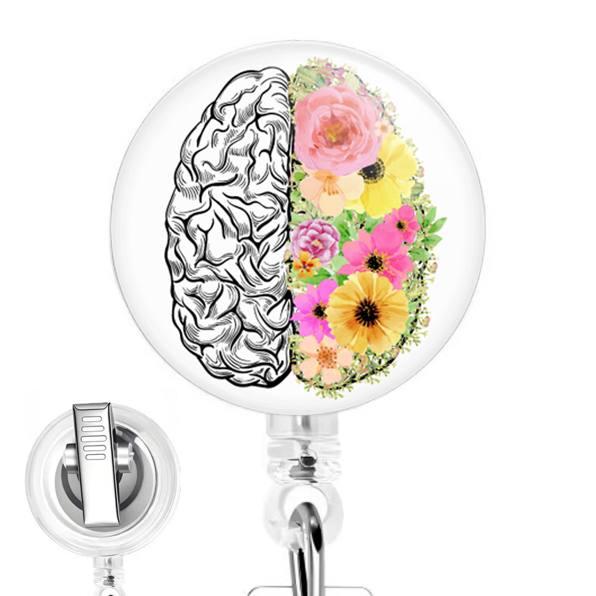 Floral Brain handmade button-top badge reel on a clear retractable reel