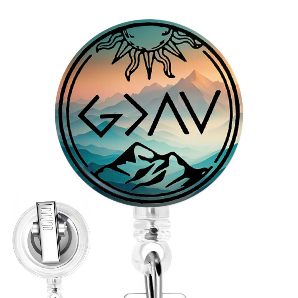 God Is Greater Than the Highs and Lows handmade button-top badge reel on a clear retractable reel