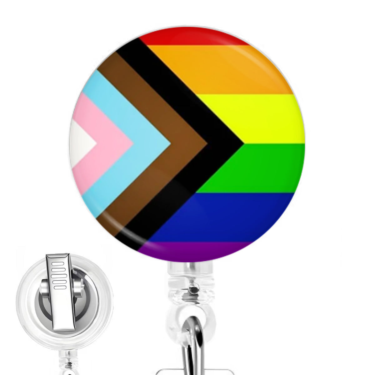 Progress Inclusivity Pride Flag handmade button-top badge reel on a clear retractable reel