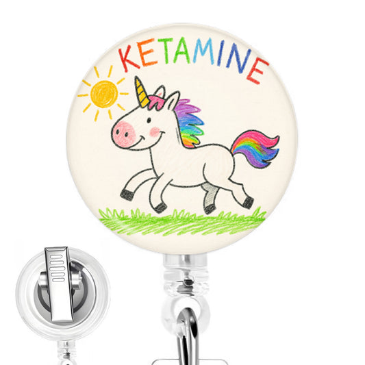 Medicine Unicorn handmade button-top badge reel on a clear retractable reel