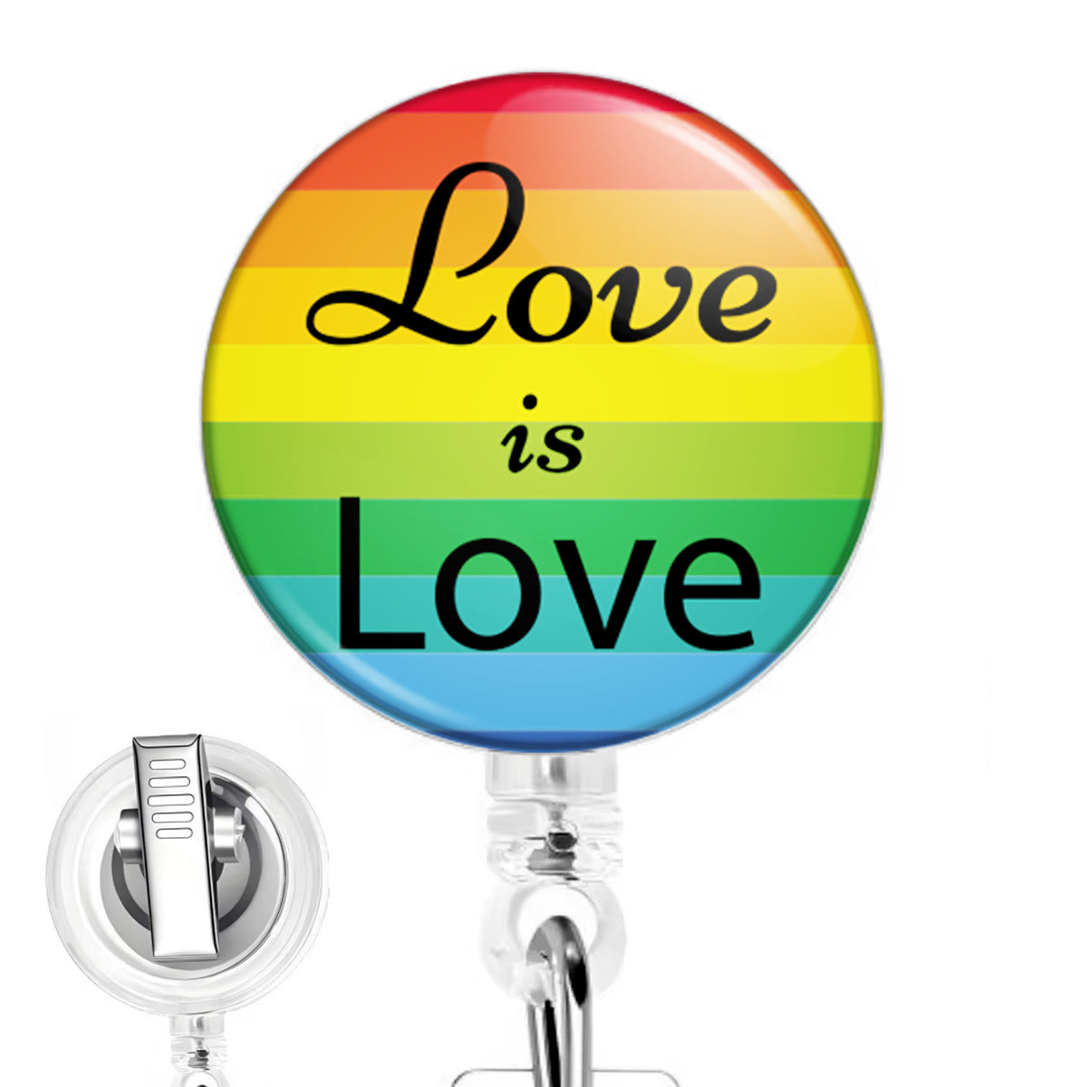 Love Is Love handmade button-top badge reel on a clear retractable reel