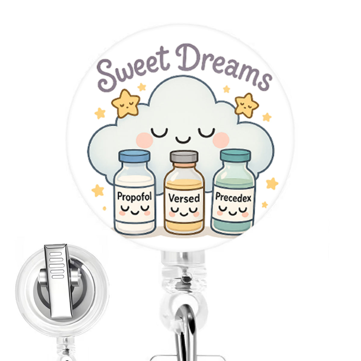 Sweet Dreams Cloud handmade button-top badge reel on a clear retractable reel