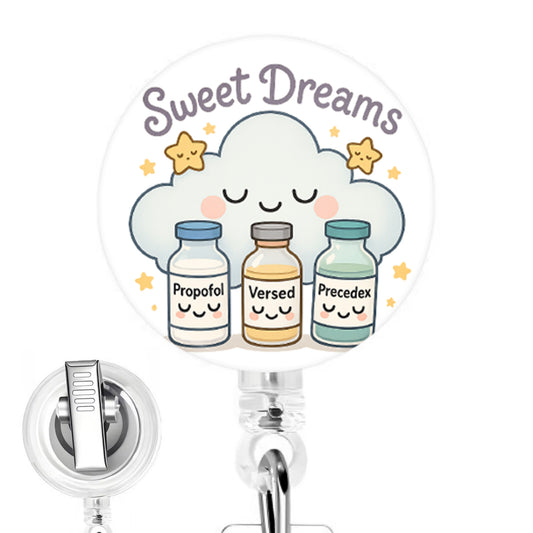 Sweet Dreams Cloud handmade button-top badge reel on a clear retractable reel