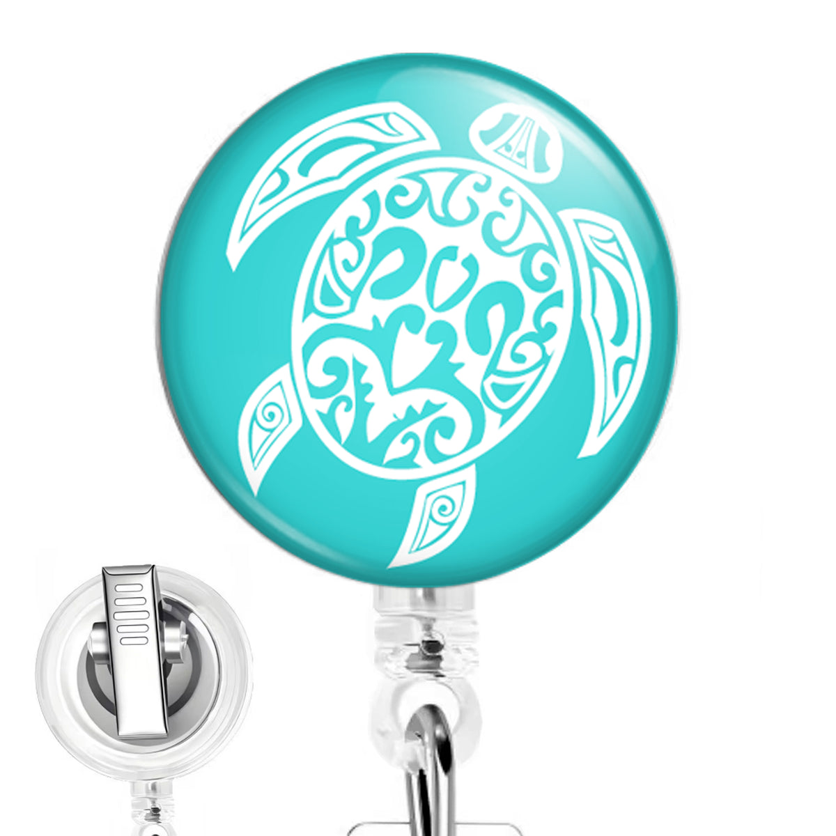 Tribal Turtle handmade button-top badge reel on a clear retractable reel
