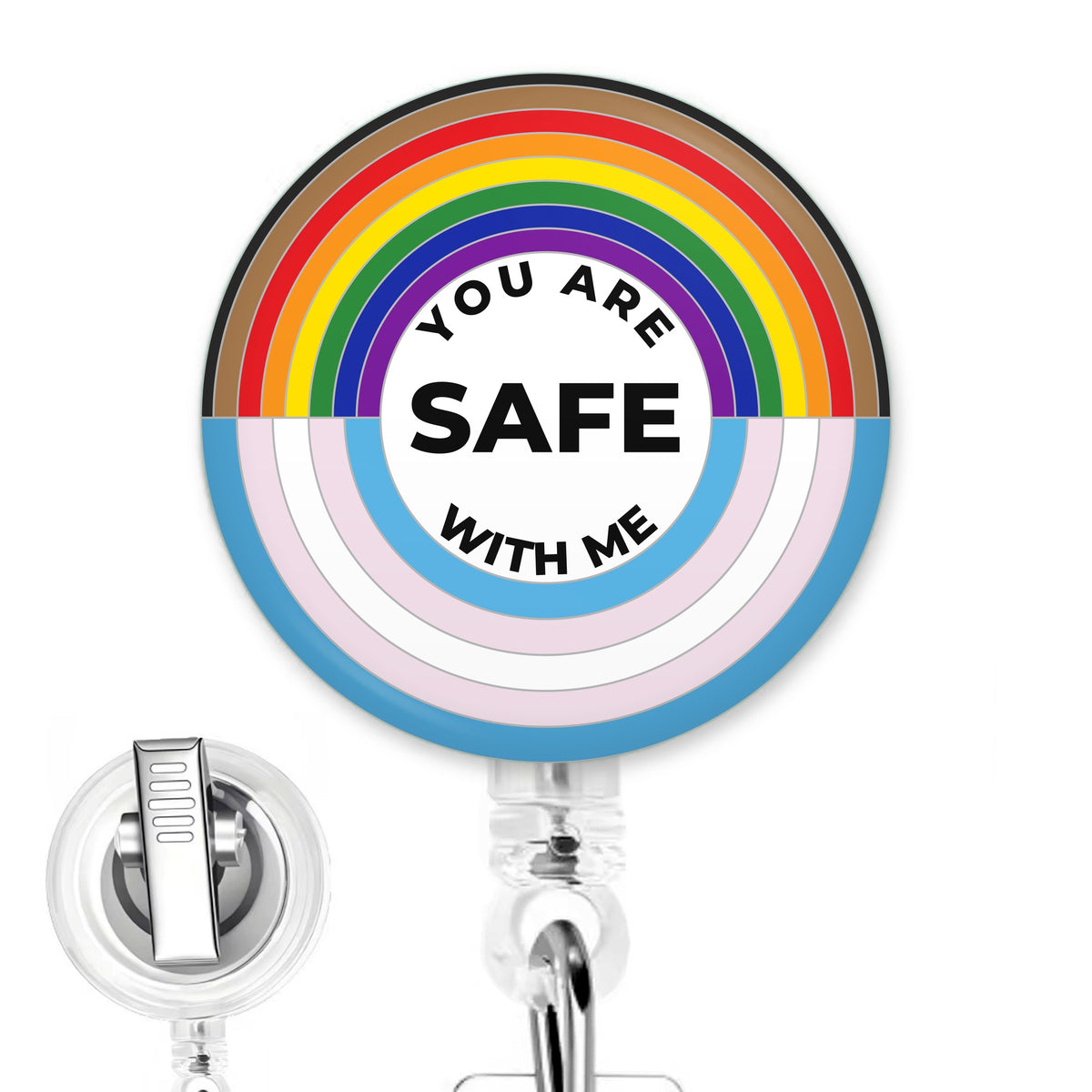 You Are Safe With Me handmade button-top badge reel on a clear retractable reel